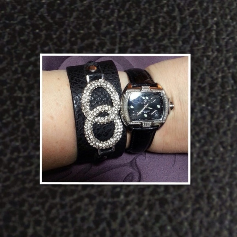 NWOT Pave Black Leather Studded Cuff Bracelet